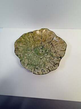 Art Glass Decorative Bowl Green and Gold Organic Shape 9 Inch